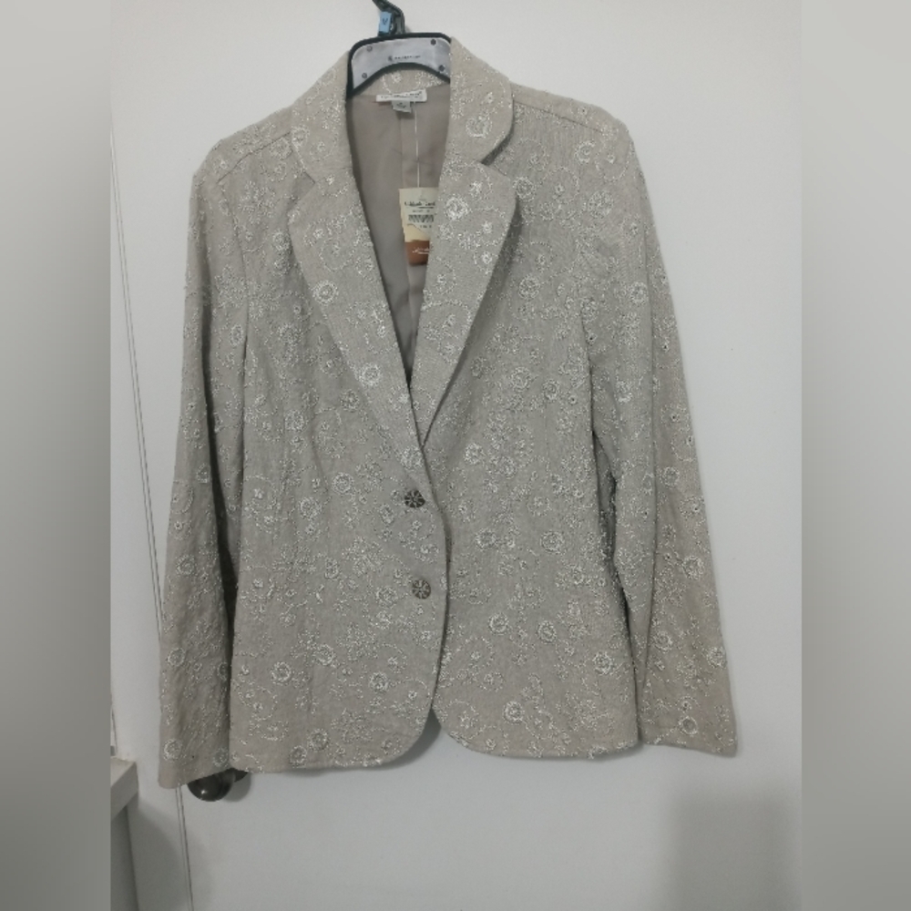 Coldwater Creek Embroidered Shimmer 2 Button Blazer Satin Lined Cream Color M